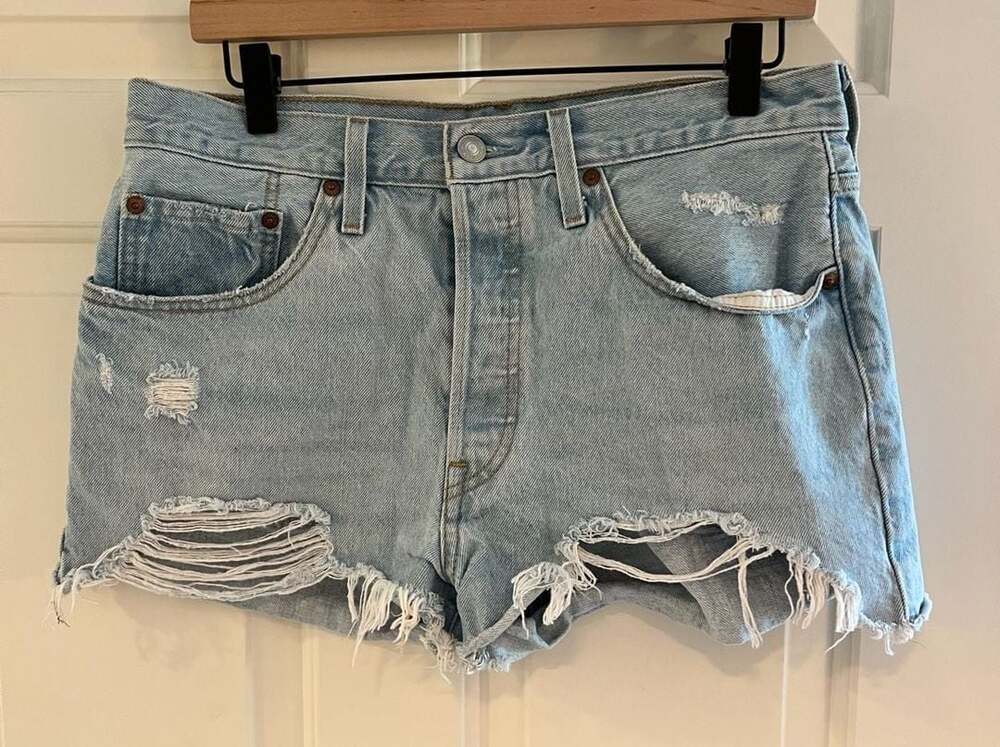 Levi's 501 Distressed Light Wash Button Fly High Waist Denim Cutoff Jean Shorts